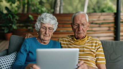 Obraz premium Senior Couple Sitting on Sofa Hosting Video Calls with Family Members on Laptop Computer in Cozy Relaxed Living Room Setting with Wooden Furniture and Nature View in Background