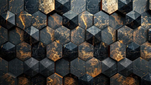 A digital illustration featuring a hexagonal grid pattern in shades of black, gold, and brown.
