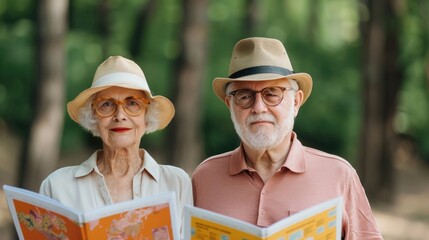 Fototapeta premium Retired Senior Couple Sitting and Planning Their Future Travels Using Maps and Brochures While Surrounded by Trees in a Forested Setting