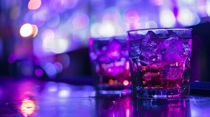Drinks at the bar at the party with purple light effects in a background