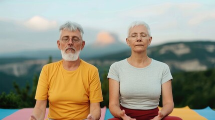 Senior couple meditating together on yoga mats in a peaceful scenic mountain landscape with a deep depth of field  The image conveys a sense of tranquility wellness