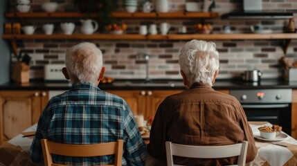 Elderly retired couple sitting together at the kitchen table enjoying a peaceful morning breakfast in their cozy home