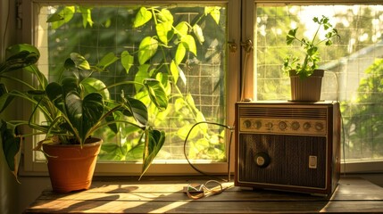 Fototapeta premium Vintage Radio by a Window with Plants