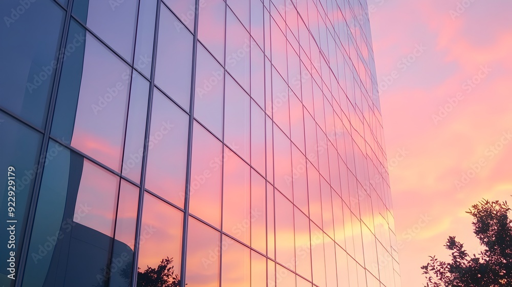 Wall mural gleaming modern office building reflecting soft sunset hues