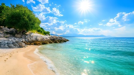 Fototapeta premium Scenic beach with turquoise waters and bright summer sun