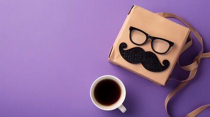 Fathers day holiday card concept with craft gift box black moustache cup of coffee and glasses on purple background