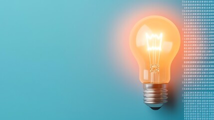 Neon glowing light bulb, surrounded by binary code, tech innovation, digital age