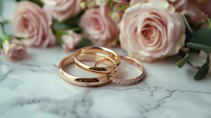 elegant wedding stationery top view flat lay blank paper card pink envelopes golden rings on marble desk.