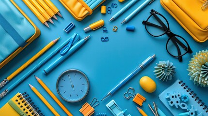 flat lay blue,yellow office stationery on blue background back to school concept school supplies top view.