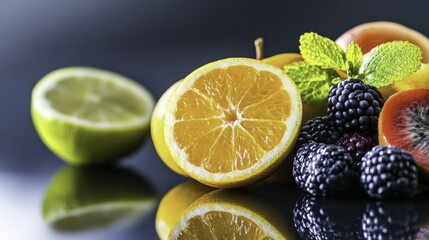 Fresh Fruit Still Life: Orange, Lemon, Blackberries, and Mint