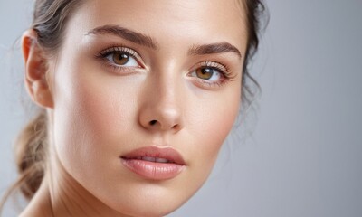 Close-up of a woman with glowing skin, soft studio lighting