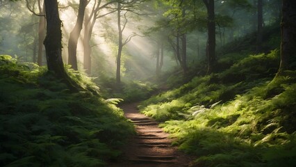 Fototapeta premium Sunbeams illuminate a path through a misty forest.