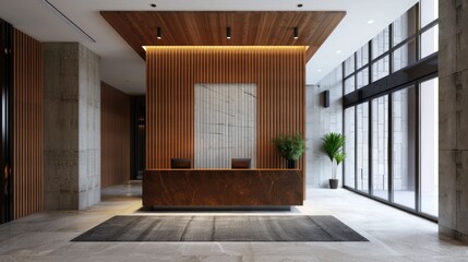 Luxurious boutique hotel welcome area featuring a modern and minimalist interior design with a serene and sophisticated ambiance  The space showcases elegant architectural elements wooden accents