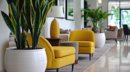 Obraz premium Boutique Hotel Welcome Area with Unique Contemporary Interior Design and Deep Depth of Field Creating a Cozy and Inviting Ambiance for Guests