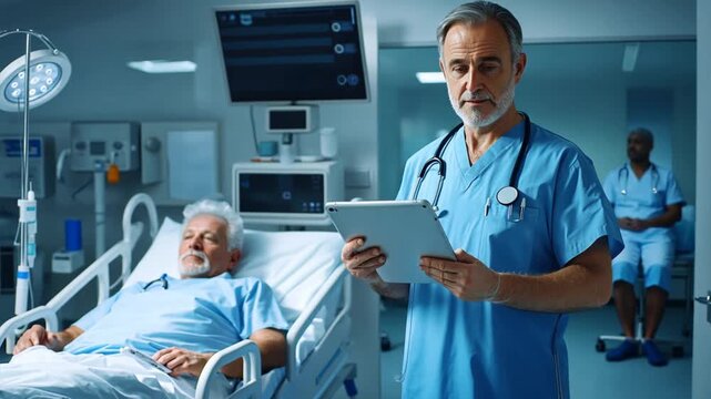 Male doctor reading medical test, lab results in clipboard. with bed of an elderly patient who is lying on background. Ai Footage.