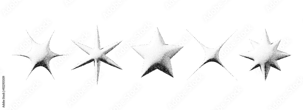 Poster black stippled star set. 3d dotted textured flares and sparkles collection. halftone grainy noise st