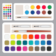 Vector watercolor paints box set with painting brushes clipart, Color palette guide, gouache, ink for drawing, artists color supplies. vector illustrations isolated on gray background