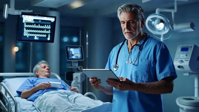 Male doctor reading medical test, lab results in clipboard. with bed of an elderly patient who is lying on background. Ai Footage.