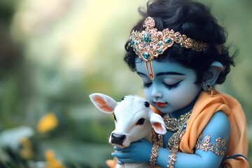 Cute little baby Krishna with sacred cow. Hindu god Lord Krishna with calf. Krishna Janmashtami, Govardhan Puja, Vasubaras. Indian religious festival