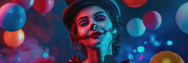 Girl wearing a top hat and clown makeup juggling behind the scenes at a circus