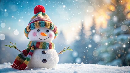 Happy snowman in scarf and hat on winter background, snow, snowman, winter, cute, scarf, hat, woolly, festive, cold, snowflakes