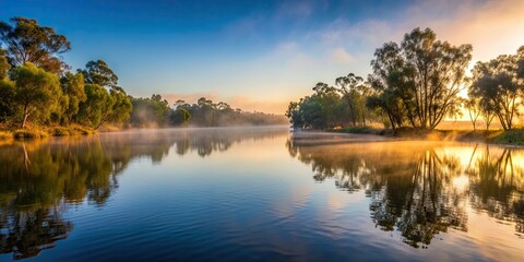 River mist at sunrise on the Dubbo River , mist, fog, sunrise, morning, river, water, reflection, trees, nature, tranquil