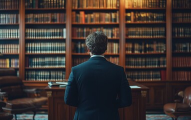 Man Standing in a Library Facing Bookshelves