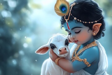 Cute little baby Krishna with sacred cow. Hindu god Lord Krishna with calf. Krishna Janmashtami, Govardhan Puja, Vasubaras. Indian religious festival