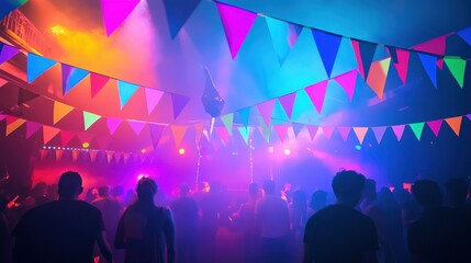 Naklejka premium Neon-colored bunting and flags glowing 