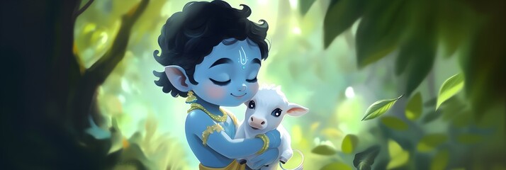 Cute little baby Krishna with sacred cow. Hindu god Lord Krishna with calf. Krishna Janmashtami, Govardhan Puja, Vasubaras. Indian religious festival. Banner with copy space