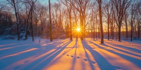 A fiery winter sunset over a snow-covered forest, with the sun casting long shadows and creating a warm contrast to the cold landscape.