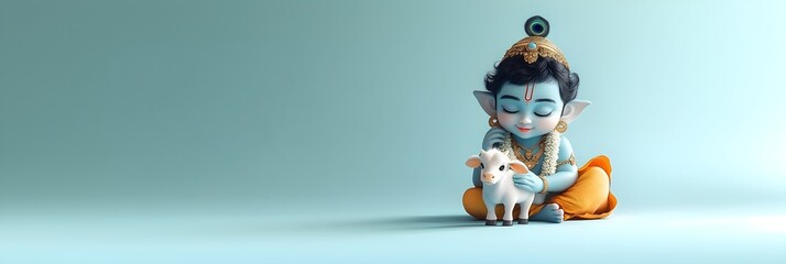 Cute little baby Krishna with sacred cow. Hindu god Lord Krishna with calf. Krishna Janmashtami, Govardhan Puja, Vasubaras. Indian religious festival