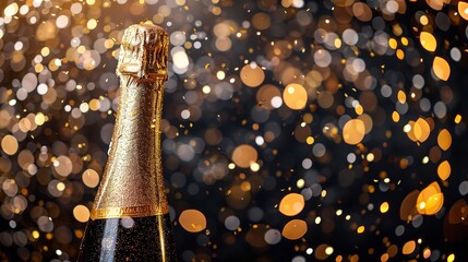 A commemorative champagne bottle adorned with golden sparkles. Generative Ai
