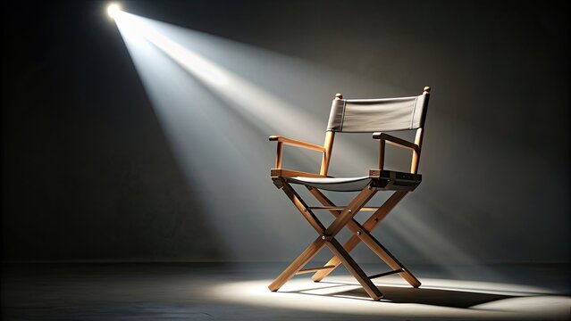 Director's chair in a beam of light with backlight, symbolizing selection and casting, director, chair, beam of light