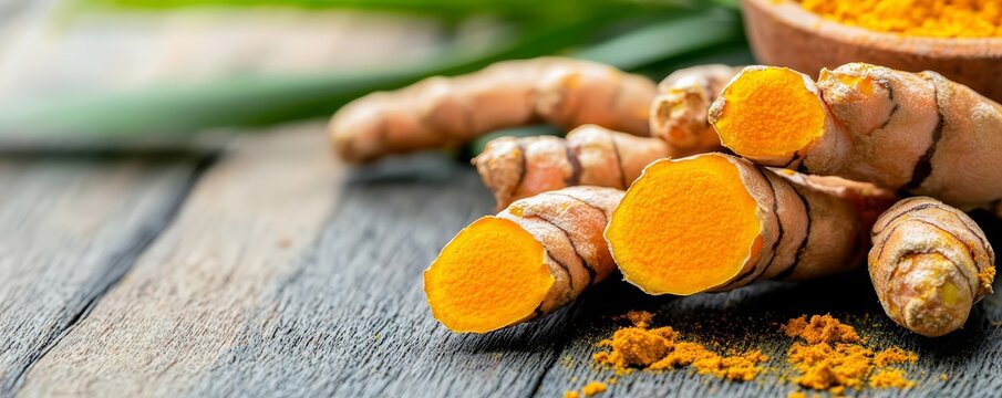 Close-up of turmeric root with visible curcumin-rich yellow color, highlighting anti-inflammatory and immune benefits, turmeric superfood, natural defense