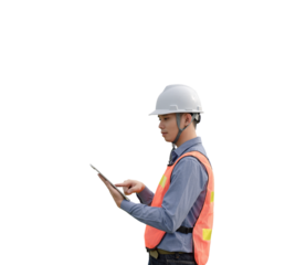 A man wearing a safety vest and a hard hat is looking at a tablet