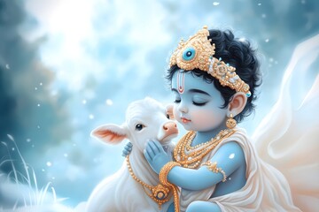 Cute little baby Krishna with sacred cow. Hindu god Lord Krishna with calf. Krishna Janmashtami, Govardhan Puja, Vasubaras. Indian religious festival