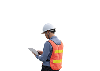 A man wearing a safety vest and a hard hat is looking at a tablet