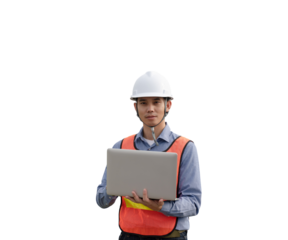A man wearing a hard hat and safety vest is holding a laptop