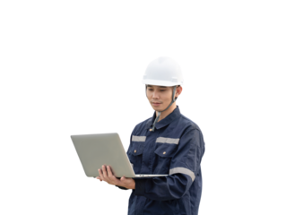 A man wearing a hard hat and a blue jacket is looking at a laptop