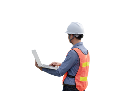 A man wearing a hard hat and orange vest is using a laptop