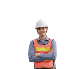 A man wearing a safety vest and a hard hat is smiling