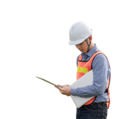 A man in a hard hat and orange vest is looking at a laptop
