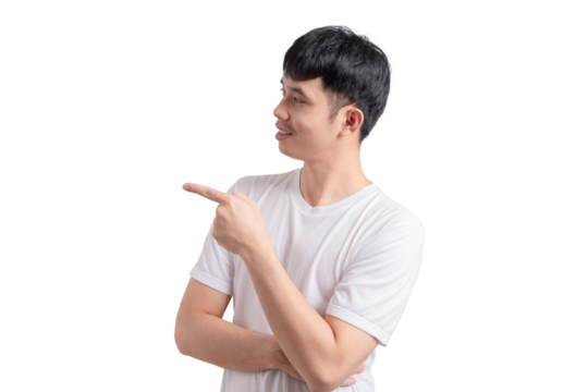 A man with a pointed finger is standing in front of a white background