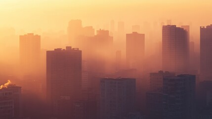 Urban scene showing effects of poor air quality with smog and pollution impacting daily life and health
