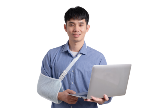 A man with a cast on his arm is holding a laptop