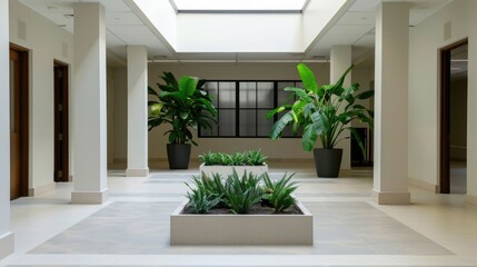 Spacious and Inviting Hotel Atrium with Abundant Natural Light and Lush Greenery A Serene and Sophisticated Commercial Interior Design for Hospitality Meetings and Events