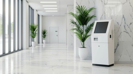 Sleek Hotel Booking Kiosk for Efficient Self Check In with Depth of Field in Bright Lobby Interior  Automated check in terminal in modern