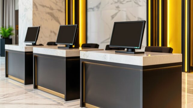 Sleek and modern hotel check in area featuring digital screens interactive kiosks and a high end contemporary lobby design with marble glass and metallic accents