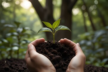 Holding a small plant and fertile soil, Concept of planting for future auspicious event, generative AI